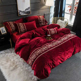 Luxury Embroidered Velvet Duvet Set - Red