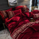 Luxury Embroidered Velvet Duvet Set - Red