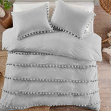 6 Pcs Luxury Duvet Set With Pom Pom Lace - Light Grey