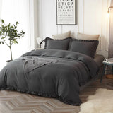 3 Pcs Ruffle Edge Duvet Cover Set - Charcoal Grey