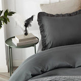 3 Pcs Ruffle Edge Duvet Cover Set - Charcoal Grey