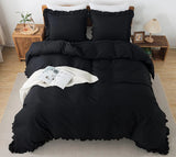 3 Pcs Ruffle Edge Duvet Cover Set - Black