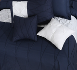 8 Pieces Pintuck & Cross Pleated Duvet Set - Navy Blue & White (274)